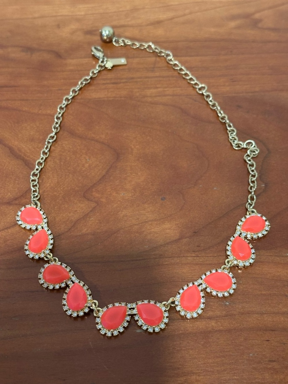 Kate Spade Gold-Tone Necklace w Pinky/Coral Teardrops and Crystals.
